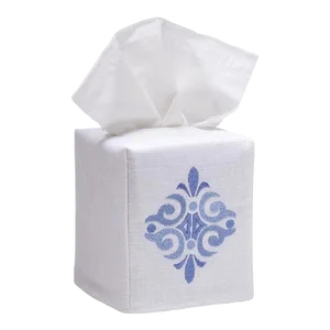 Blue Amalfi Scroll Tissue Box Cover in White Linen & Cotton, Embroidered