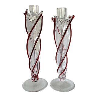 Pair of Original Signed Handmade Twisted Glass Candlestick Holders For Sale