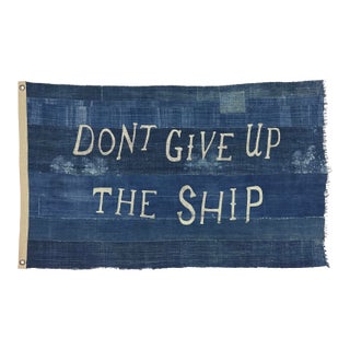 Large Patchwork Indigo Flag, Don't Give Up the Ship, Unique For Sale