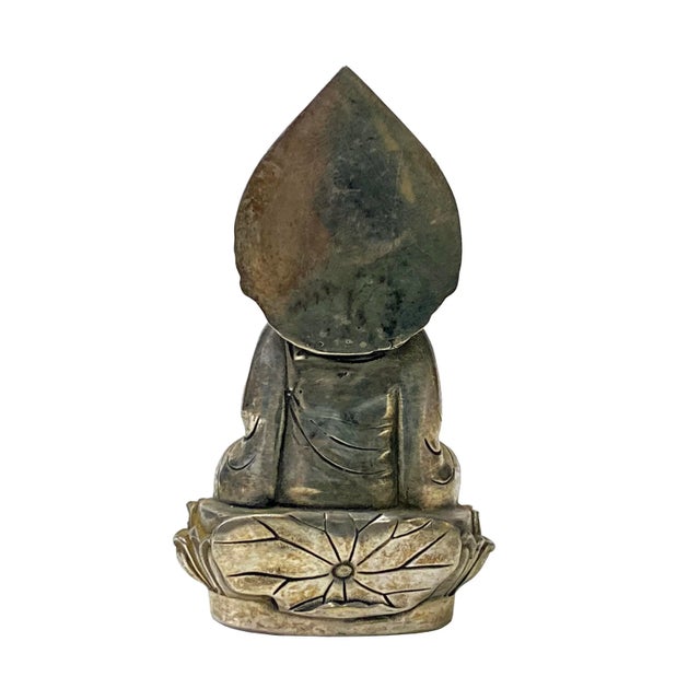 Figurative Chinese Oriental Silver Color Metal Lohon Monk Meditation Figure For Sale - Image 3 of 6