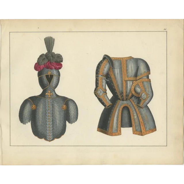 Title: 19th-Century Hand-Coloured Lithograph of Ornate Medieval Armor and Tournament Attire : This captivating hand-...