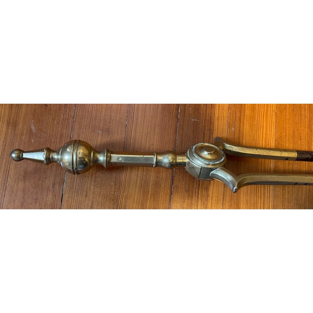 Brass Antique Early 19th Century American Federal Brass & Iron Fireplace Tongs 1800 - 1820 For Sale - Image 8 of 12