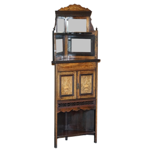 Antique Italian Hardwood & Boxwood Inlay Mirrored Back Corner Cabinet, 1880s