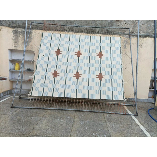 Handmade Cotton Area Rug, Cream, Sky Blue, Green and Tan Star Dash Striped Dhurrie - 8'x10' For Sale - Image 12 of 12