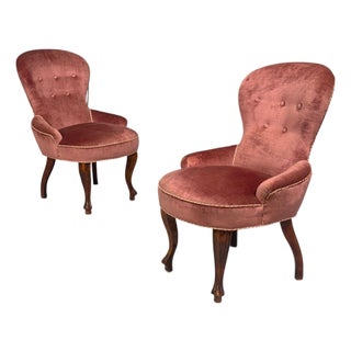 Swedish Modern, Traditional Slipper Chairs, Pink Velvet, Wood, Sweden, 1950s For Sale