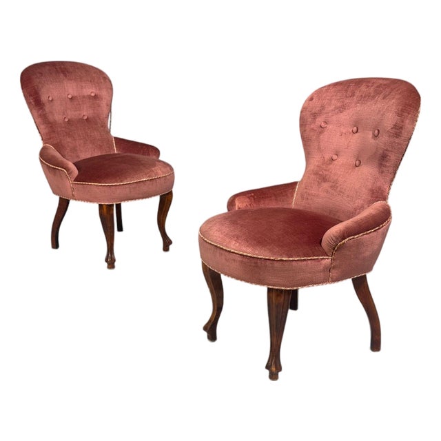 Swedish Modern, Traditional Slipper Chairs, Pink Velvet, Wood, Sweden, 1950s For Sale