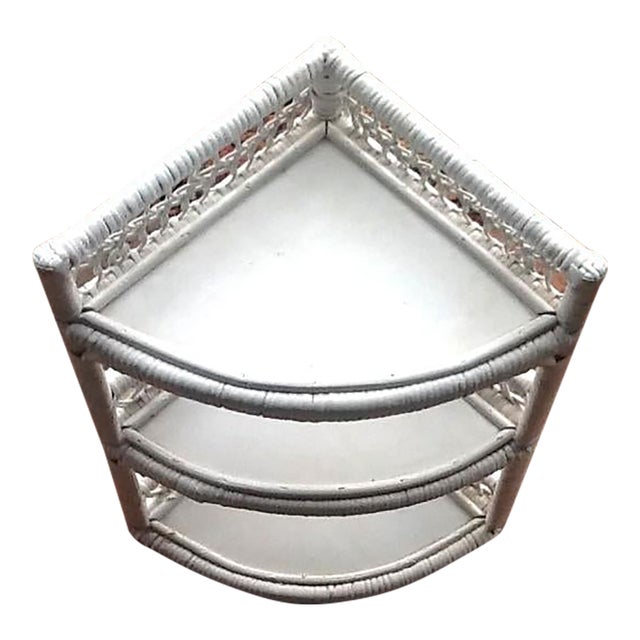 Vintage White Wicker Corner Vanity Shelf or Plant Stand For Sale