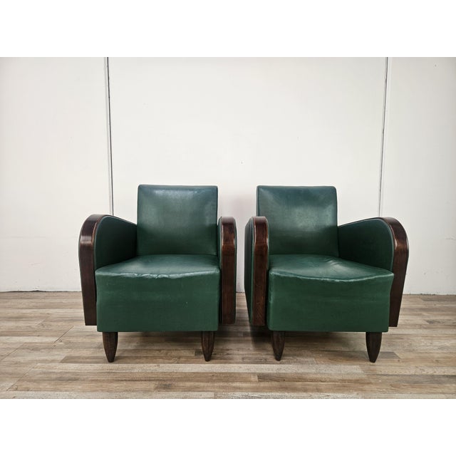 1940s Art Deco Club Chairs in Walnut and Green Eco-Leather, 1940, Set of 2 For Sale - Image 5 of 18