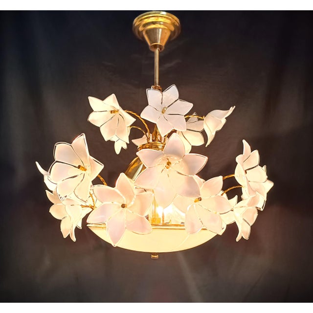 Metal Vintage Murano Style White Milk Glass Basket Chandelier For Sale - Image 7 of 10