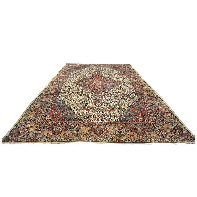 Antique Persian Sarouk Mahajaran Wool 12x19 Ivory, Navy, & Red Oversized Handmade Area Rug #1144059 For Sale In Houston - Image 6 of 16