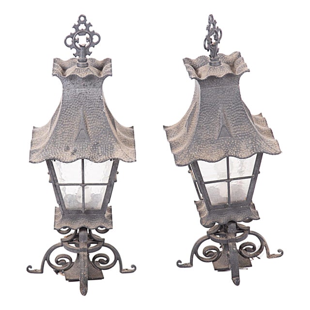 Pair of Spanish Revival Hammered Metal Lanterns - Vintage Late 20th Century For Sale