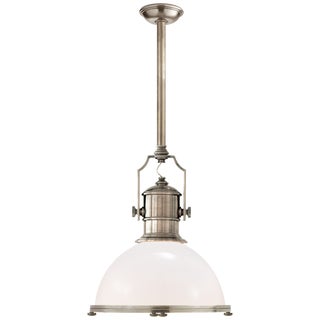 Chapman & Myers for Visual Comfort Signature Country Industrial Large Pendant in Antique Nickel with White Glass Shade For Sale