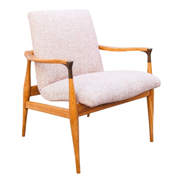 Vintage Mid Century Walnut Scoop Lounge Chair With Brass Accents For Sale