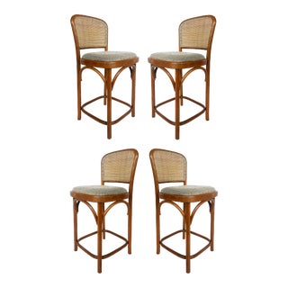 Vintage Bentwood Counter Stools, Caned W/ Upholstered Seats- Set of 4 For Sale
