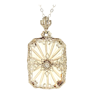 1920s Art Deco White Gold Rock Crystal Filigree Pendant on Chain