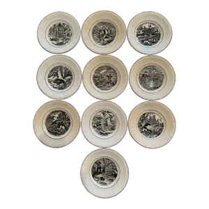 19th Century French Napoleon III Black and White Hunt Scenes Plates- Set of 10