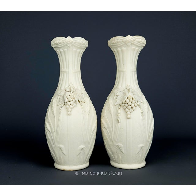 Victorian 1850's Antique Parian Vases With Wheat Shaft and Grape Clusters - Set of 2 For Sale - Image 3 of 13