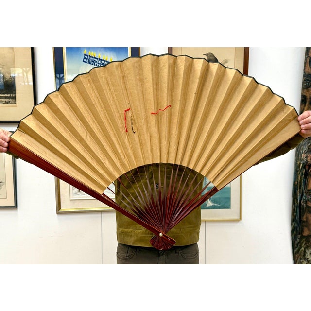 Monumental 70" Vintage Chinese Hand-Painted Gilt Wall Fan - "Cranes & Pine" For Sale - Image 11 of 15