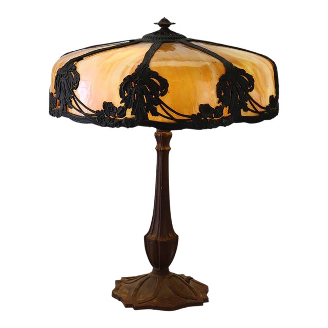 Antique Bradley & Hubbard Attr Arts & Crafts 8 Panel Slag Glass Table Lamp C1920 For Sale