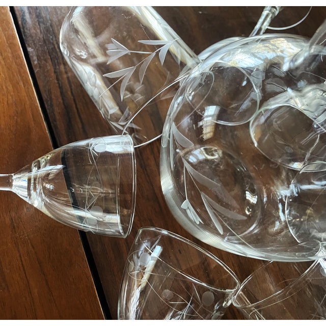 Vintage Bohemia Engraved Glass Carafe and Glasses, 1950s, Set of 8 For Sale - Image 8 of 18