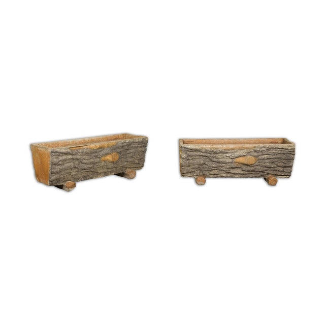 Mid 20th Century Rustic Pair of Faux Bois Midcentury Trough Shaped Concrete Planters, circa 1930 For Sale - Image 5 of 12