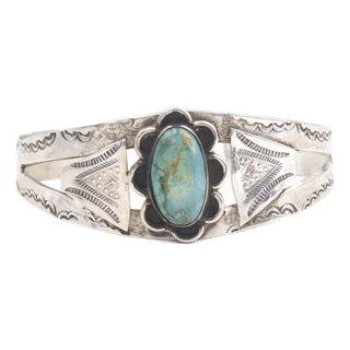 Mid 20th Century Native American Style Turquoise Sterling Silver Cuff Bracelet With Old Pawn Marks For Sale