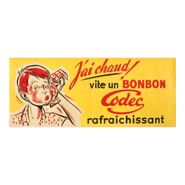 1940's French Advertising Poster - J'ai Chaud! Vite Un Bonbon Codec Rafraichissant For Sale