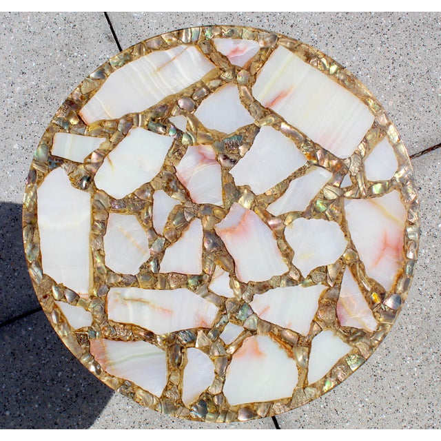 Vintage Agate, Onyx & Abalone Mosaic Side Table With Wrought Iron Base – Hollywood Regency / Mexican Modern For Sale - Image 4 of 17