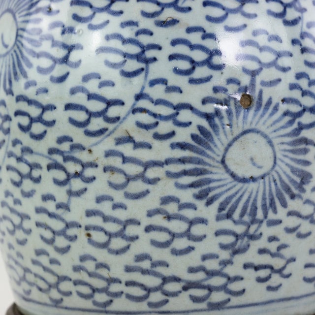 Blue and White Antique Porcelain Vase Lamp With Cobalt Scalloped Cloud Motif on Wood Base For Sale - Image 10 of 12