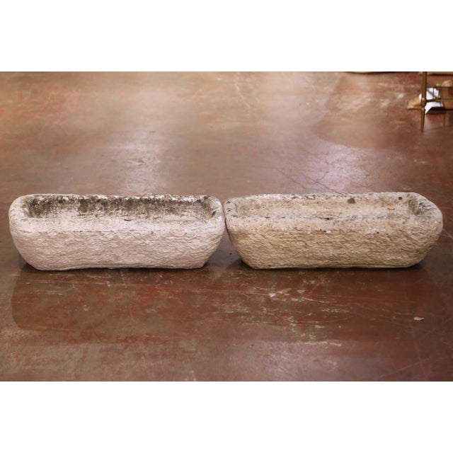 French Pair of 19th Century French Hand-Carved Limestone Garden Trough Planters For Sale - Image 3 of 9