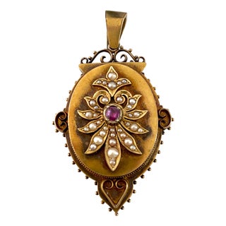 Late 19th Century Victorian Etruscan Revival 14k Gold Seed Pearl Garnet Locket Pendant For Sale