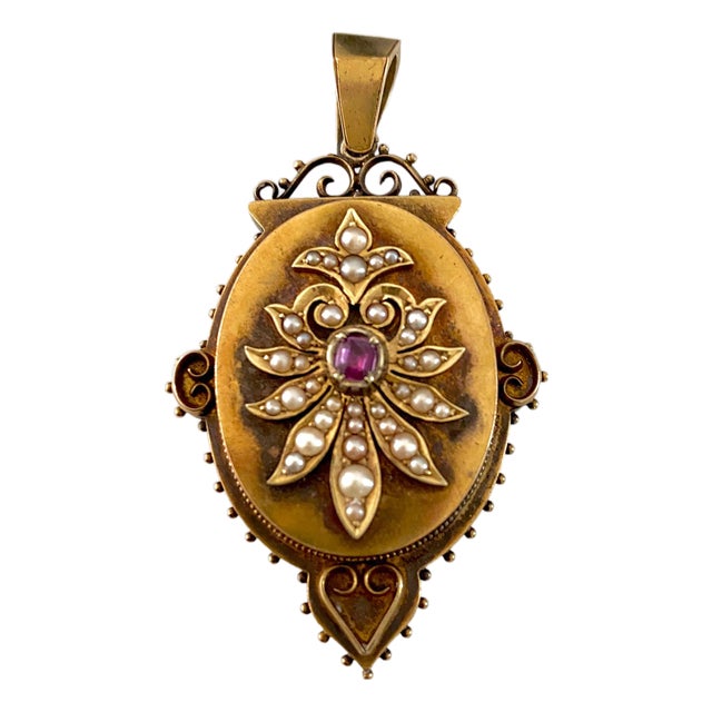 Late 19th Century Victorian Etruscan Revival 14k Gold Seed Pearl Garnet Locket Pendant For Sale