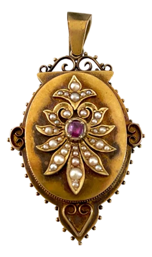 Late 19th Century Victorian Etruscan Revival 14k Gold Seed Pearl Garnet Locket Pendant