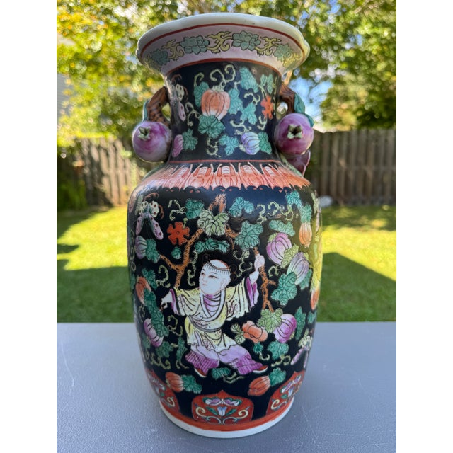 Vintage Chinese Ceramic Vase W/Butterflies, Flowers & Pomegranate Fruit Handles For Sale - Image 14 of 16