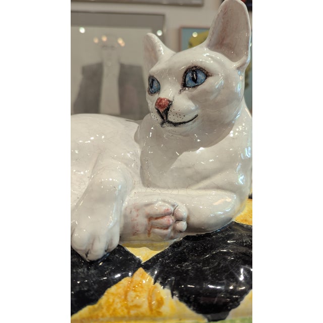Ceramic Cat on Harlequin Pillow | 1970s Italian For Sale - Image 4 of 9