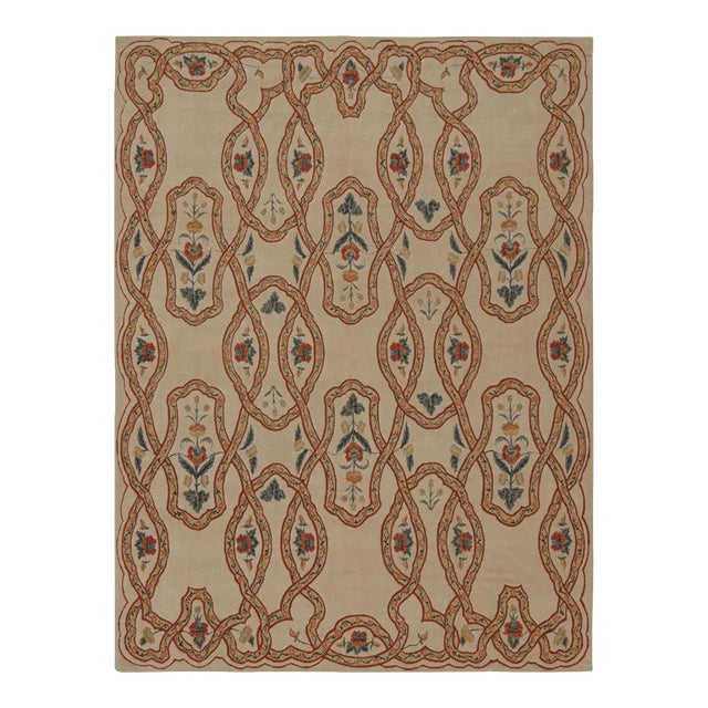 Rug & Kilim’s European Rug in Beige, With Green and Red Floral Patterns For Sale