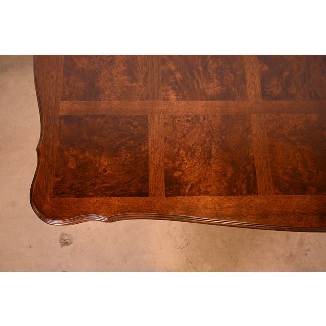 Baker Furniture Style French Regency Walnut and Burl Wood Double Pedestal Extension Dining Table, Newly Refinished For Sale - Image 9 of 14