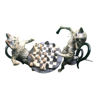 20th Century Cat Pair Playing Chess Austrian Vienna Bronze Miniature Figures For Sale