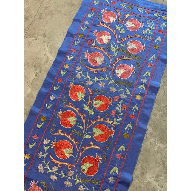 Blue Blue Silk Suzani Table Runner With Pomegranate Vine For Sale - Image 8 of 10