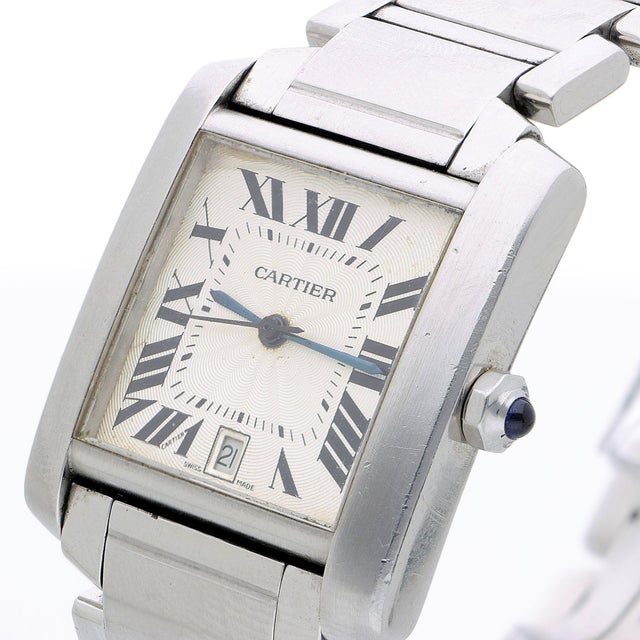 1990s Cartier Tank Francaise 2302 Large Steel Guilloche Roman Dial Blue ...