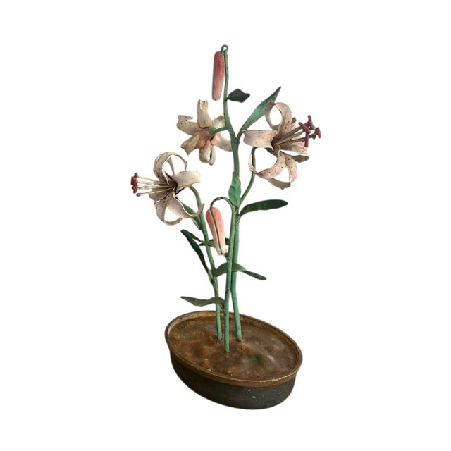 Vintage Italian Tole Peinte Potted Pink Lily / Lilies Floral / Flower Arrangement For Sale - Image 4 of 11