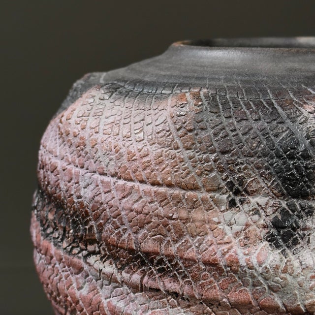 Ceramic Vintage Postmodern Raku Fired Crackle Skin Ceramic Vessel, Signed For Sale - Image 7 of 11