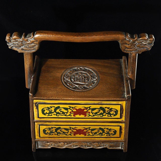 1980s 1980s Rosewood Polychrome Painted Portable Chest With Drawers & Dragon Crest | Chinoiserie Vanity Box For Sale - Image 5 of 9