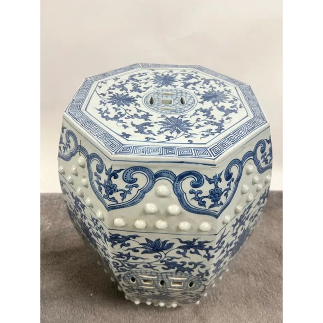 Chinese Qianlong Style Porcelain Octagonal Garden Blue & White Stool, a Pair For Sale - Image 4 of 14