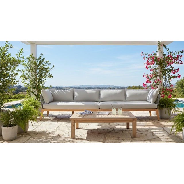 Modern Cypress Teak Wood 128" Sofa With Gray Color Rope Design For Sale - Image 3 of 12