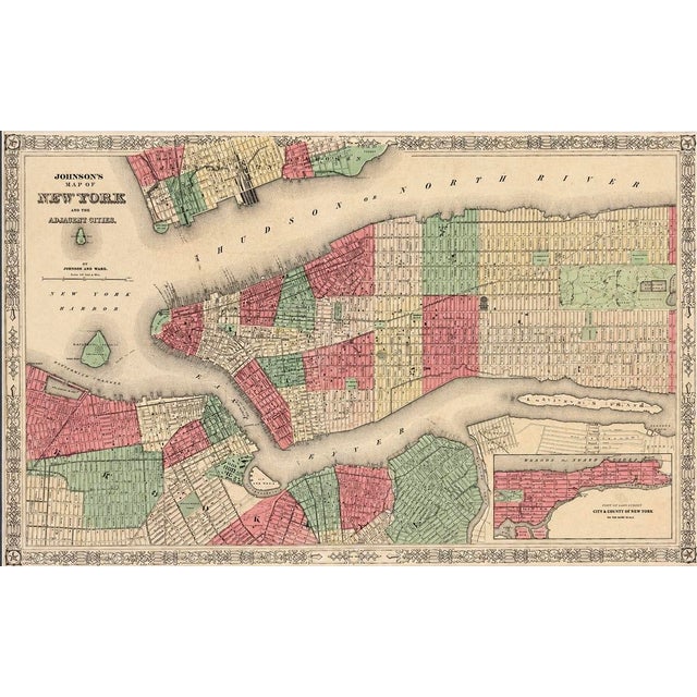 An original steel engraving detailing New York City, published by Johnson & Ward, New York, after the Civil War. The map...