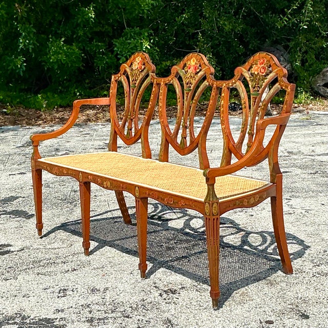 Vintage Regency Hand Painted Sheraton Satinwood Cane Bench For Sale - Image 9 of 12