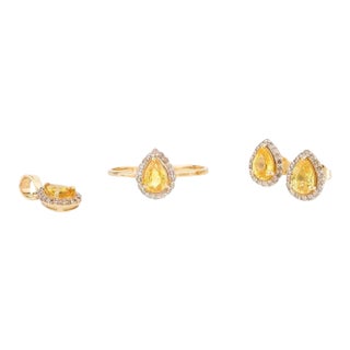 Pear Cut Yellow Sapphire and Halo Diamond Jewelry Set Pendant, Ring Size 7, Stud Earring - 4 Pieces For Sale