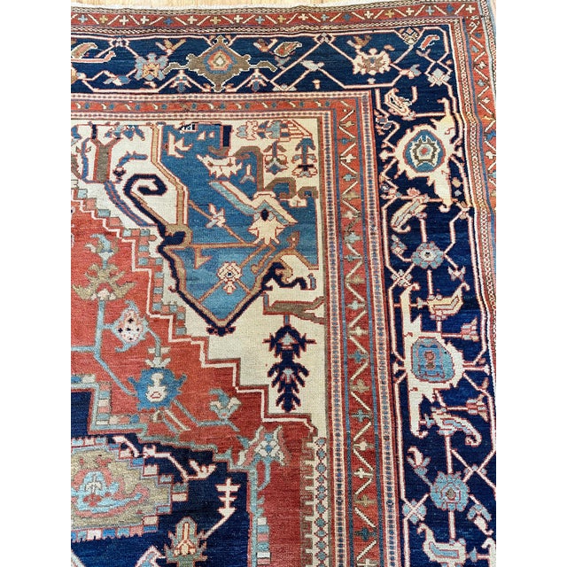 Antique Persian Serapi Carpet Handmade Oriental Rug Light Blue, Ivory, Rusty Red For Sale - Image 17 of 18