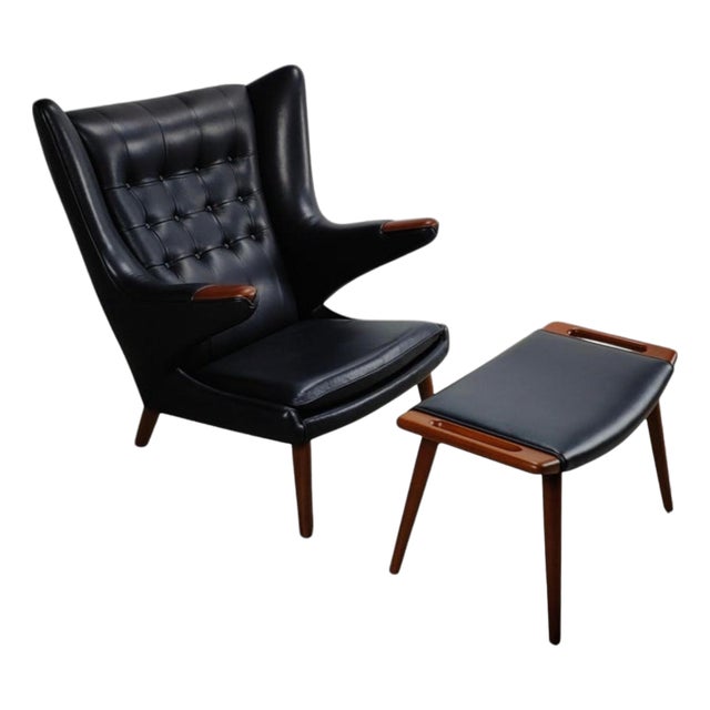 Mid 20th Century Hans Wegner A.P. Stolen Papa Bear Chair AP-19 & Ottoman Redone in Black Leather For Sale